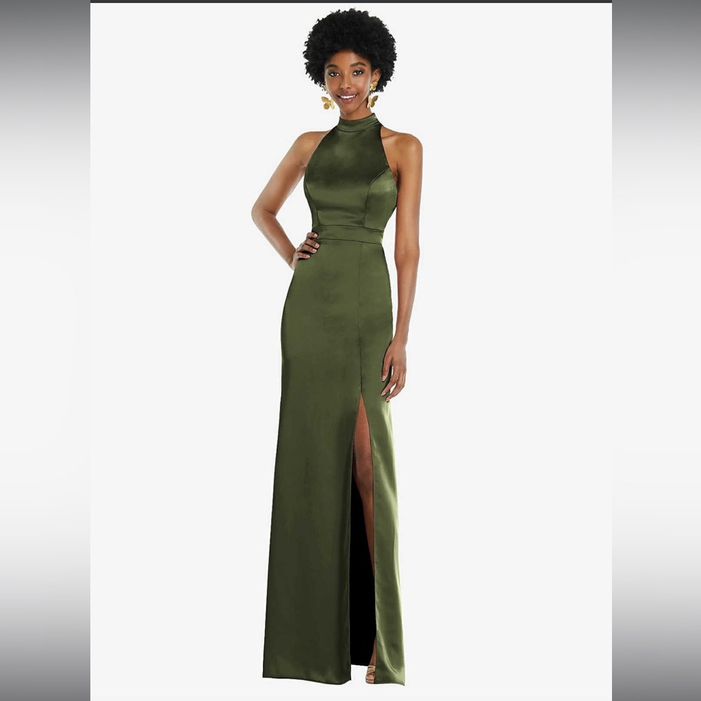 LOVEY HIGH NECK BACKLESS MAXI DRESS WITH SLIM BELT IN OLIVE GREEN